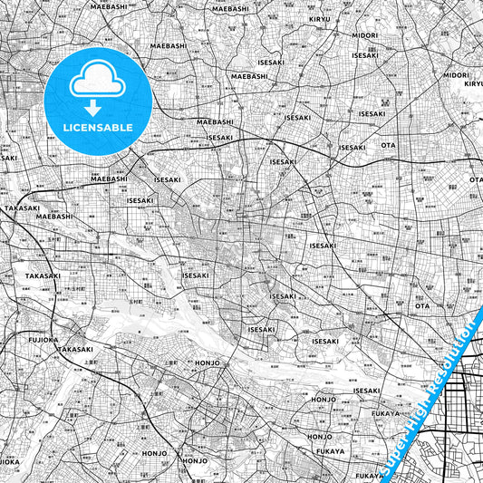 Isesaki, Japan light map with streetnames, citynames and districts