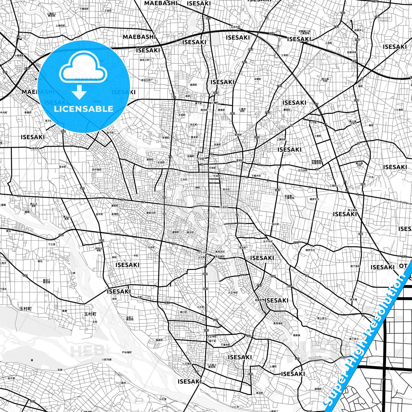 Isesaki, Japan Light Map with Street Names, City Names, and Districts