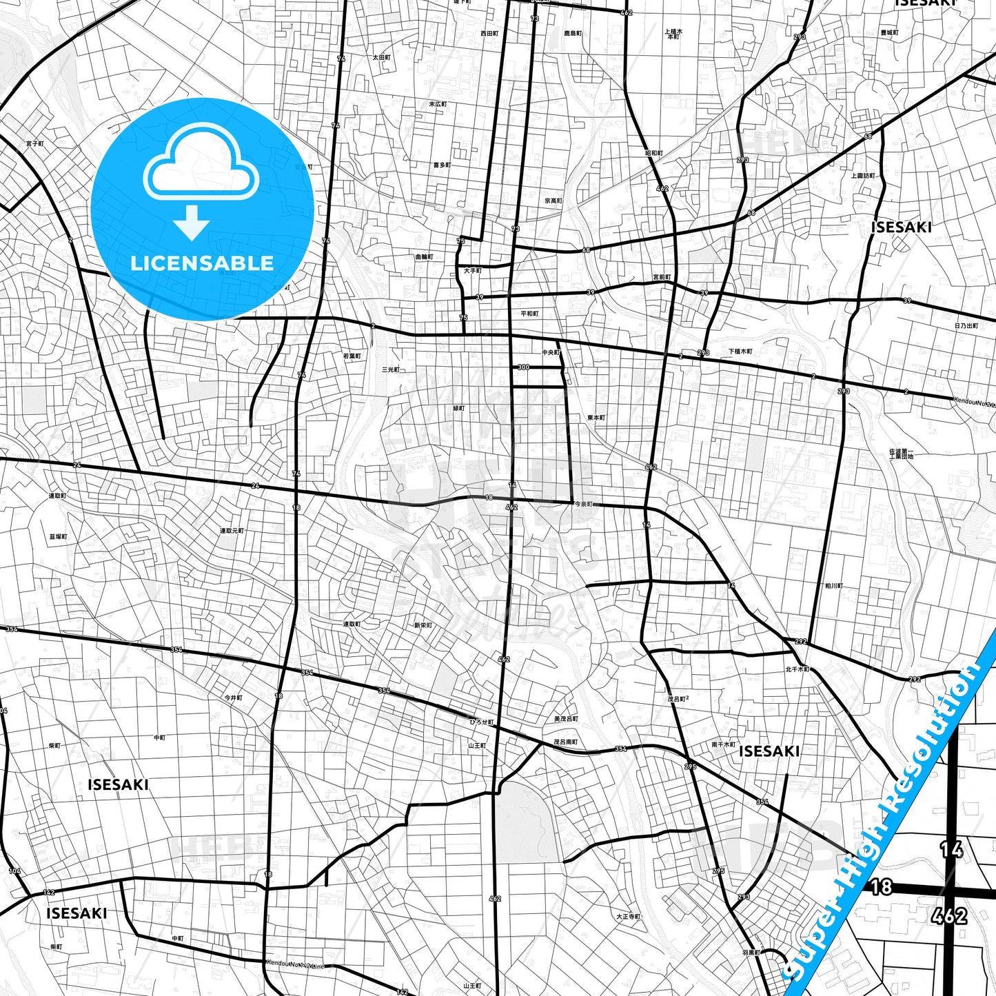 Isesaki, Japan Light Map with Street Names, City Names, and Districts