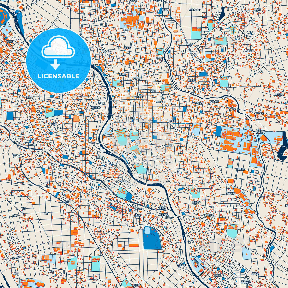 Colorful Isesaki Street Map with Labels and Buildings