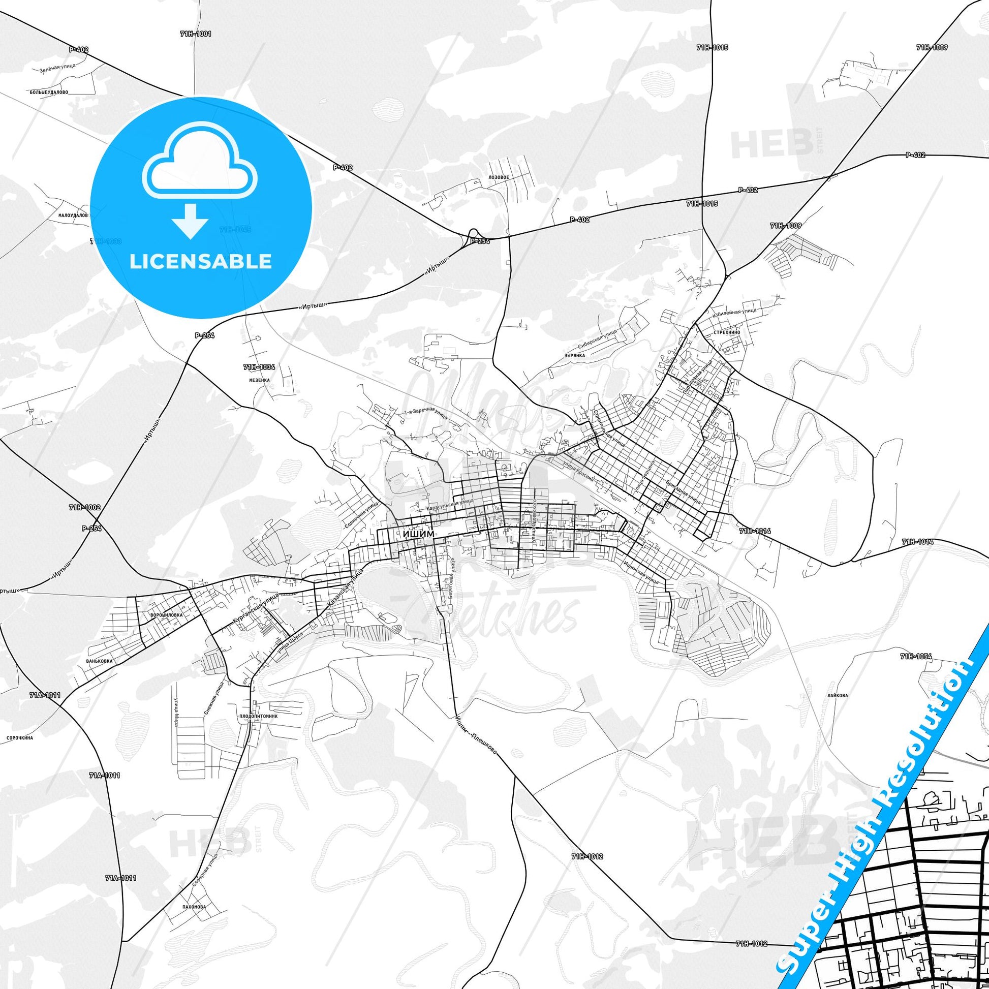 Ishim, Russia light map with streetnames, citynames and districts