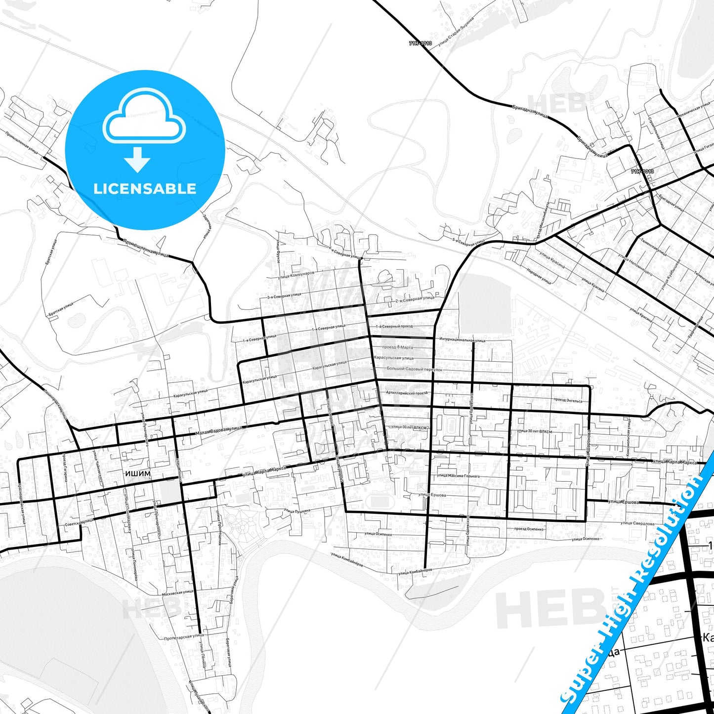 Ishim, Russia Light Map with Street Names, City Names, and Districts