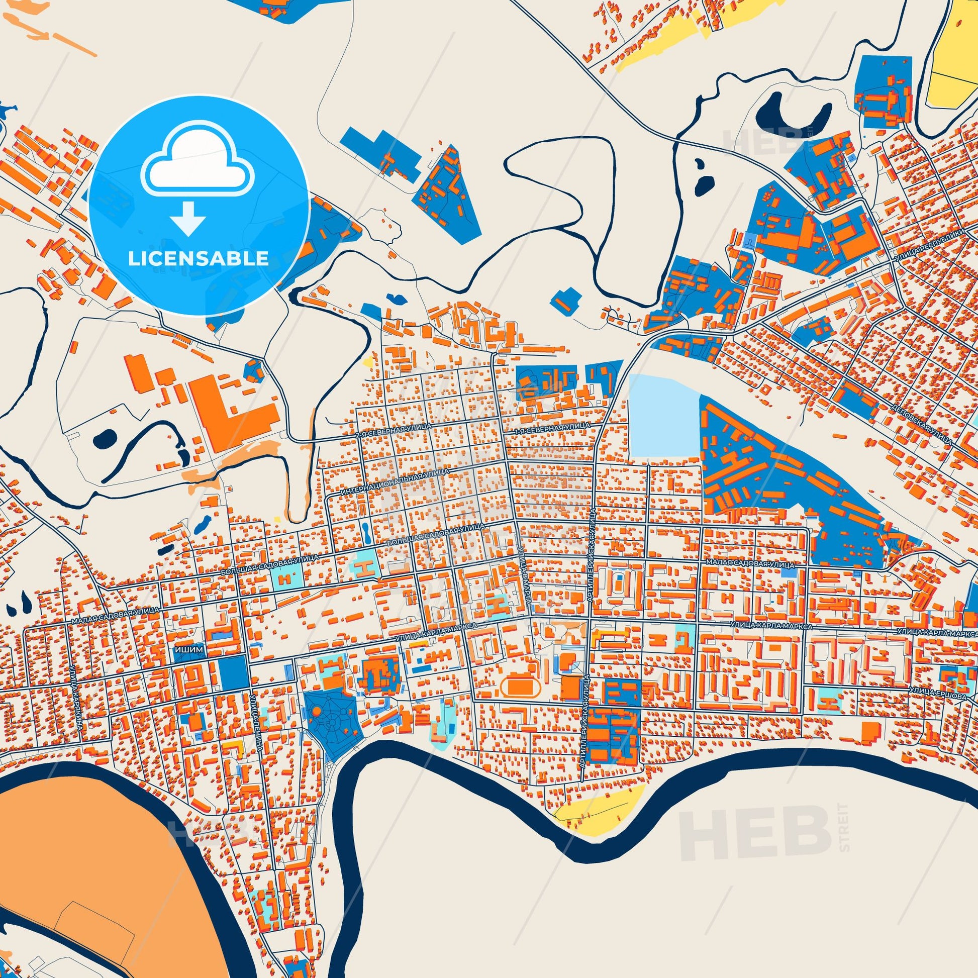 Colorful Ishim Street Map with Labels and Buildings