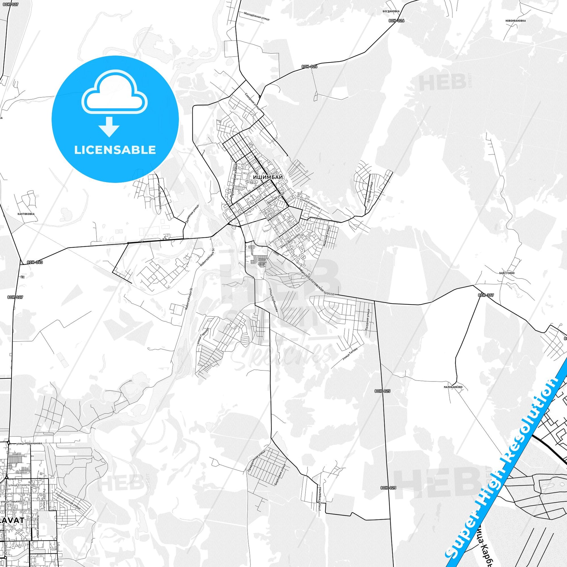 Ishimbay, Russia light map with streetnames, citynames and districts