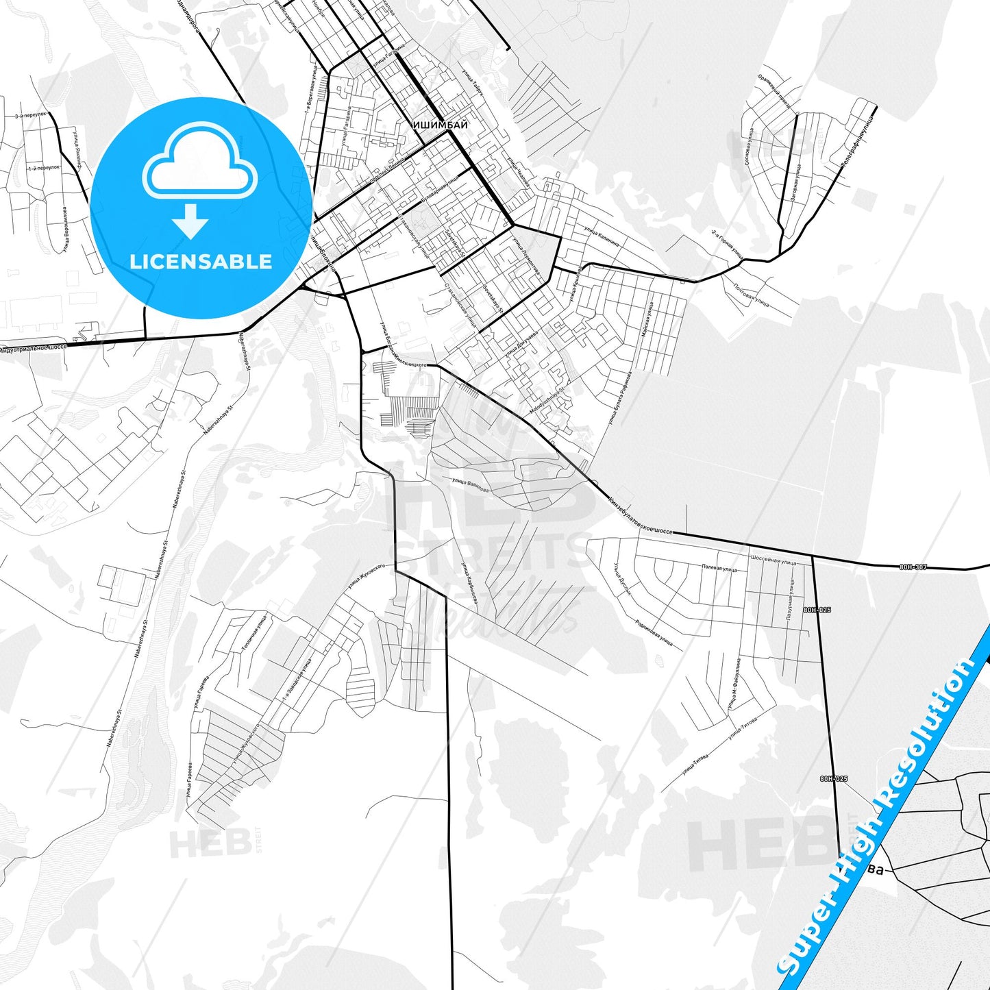 Ishimbay, Russia Light Map with Street Names, City Names, and Districts