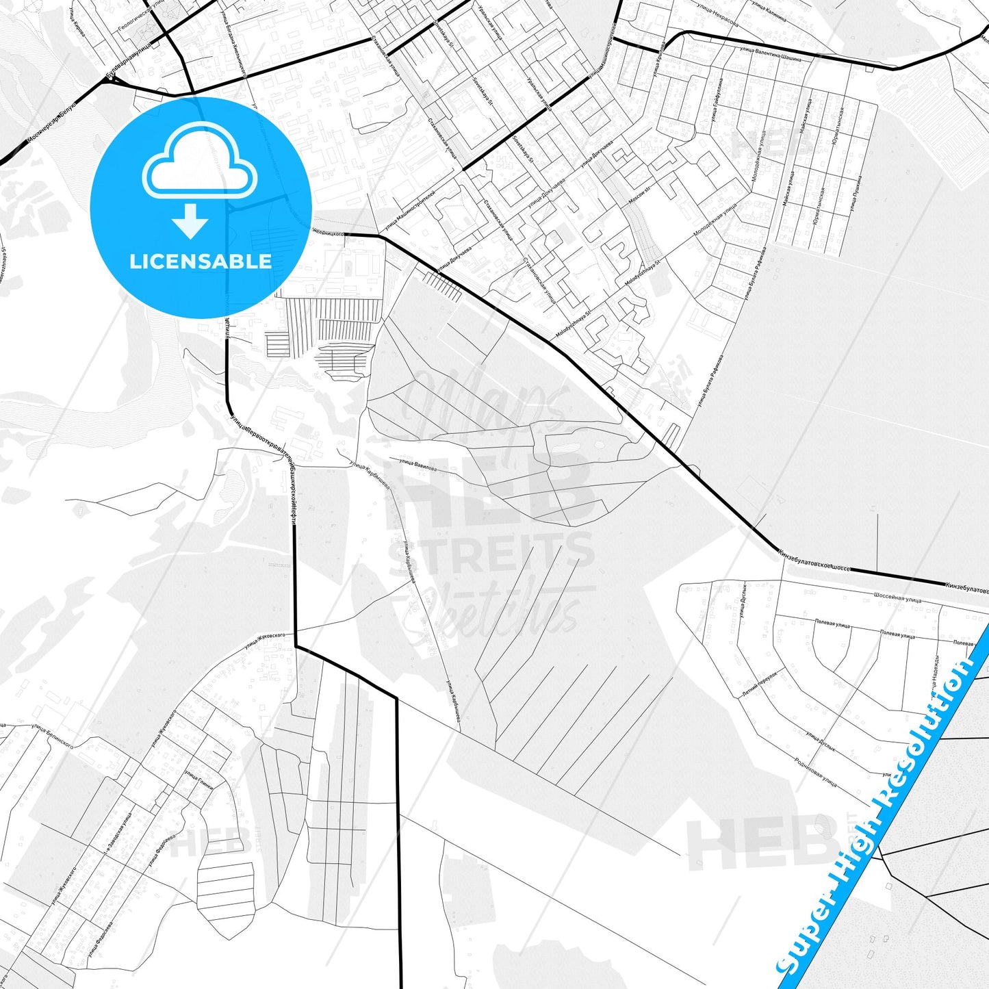 Ishimbay, Russia Light Map with Street Names, City Names, and Districts