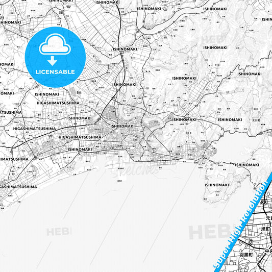 Ishinomaki, Japan light map with streetnames, citynames and districts