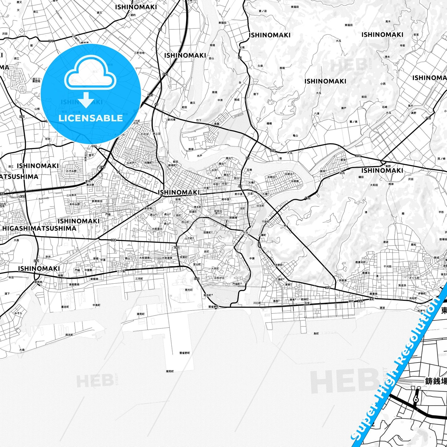 Ishinomaki, Japan Light Map with Street Names, City Names, and Districts