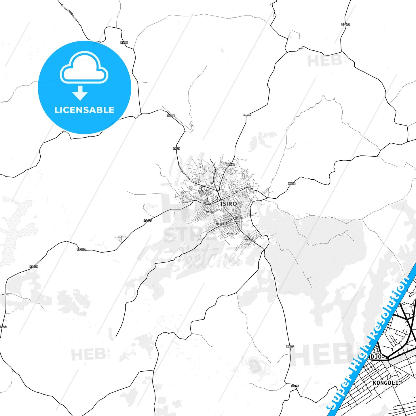 Isiro, DR Congo light map with streetnames, citynames and districts