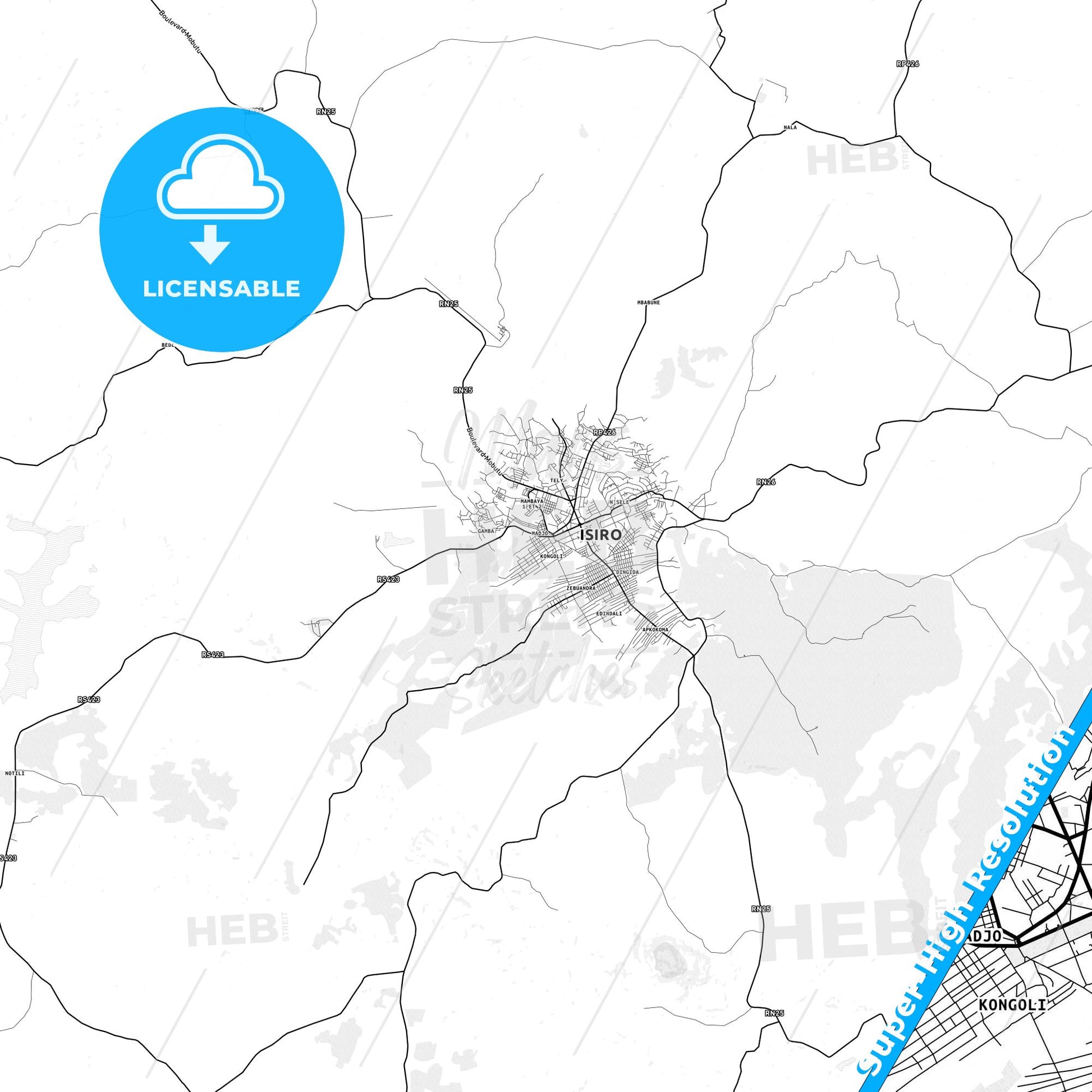 Isiro, DR Congo light map with streetnames, citynames and districts