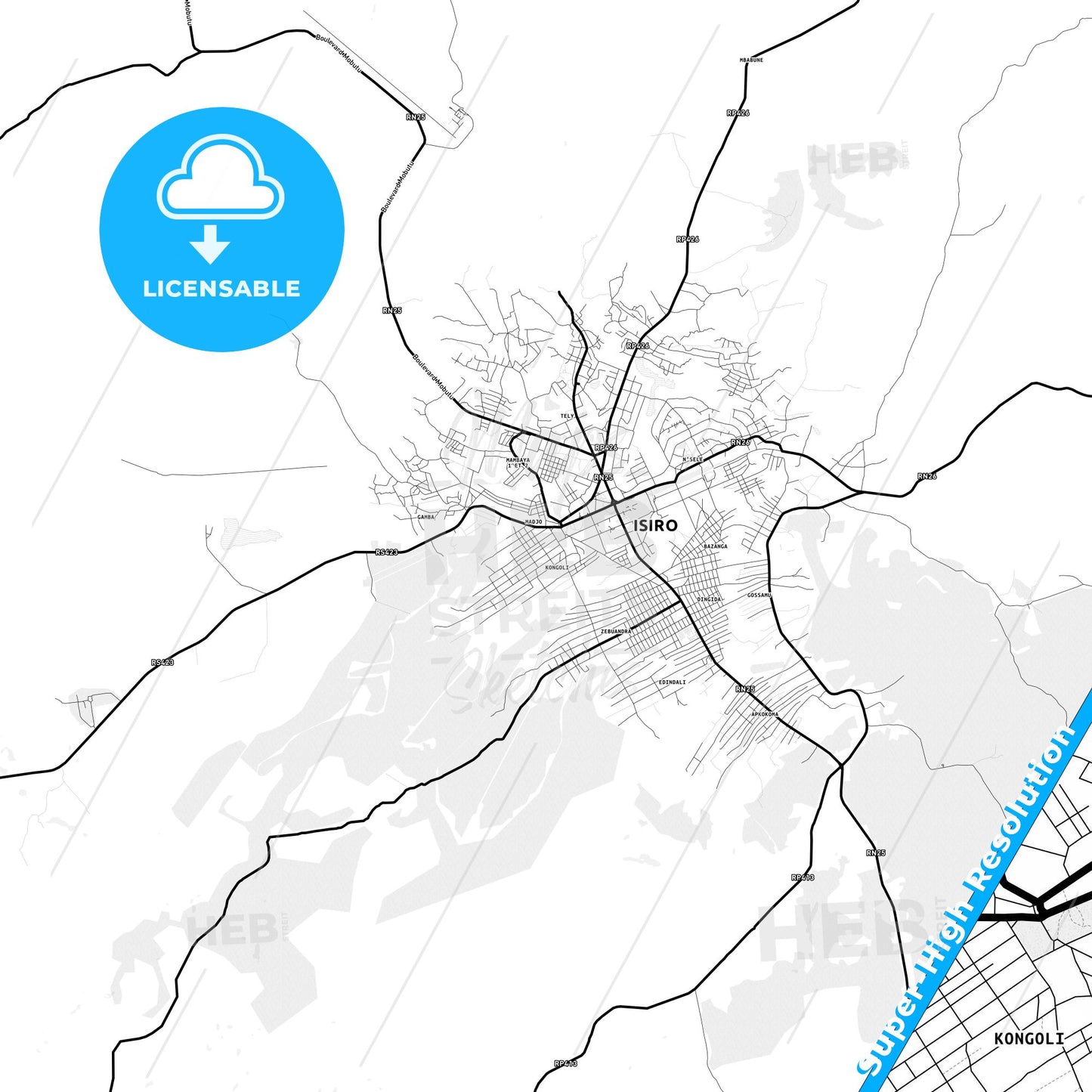 Isiro, DR Congo Light Map with Street Names, City Names, and Districts