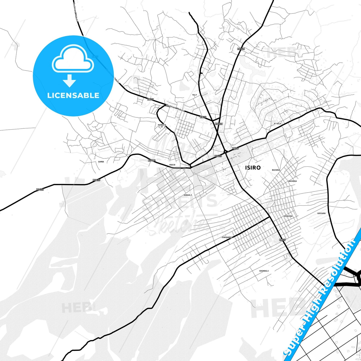 Isiro, DR Congo Light Map with Street Names, City Names, and Districts