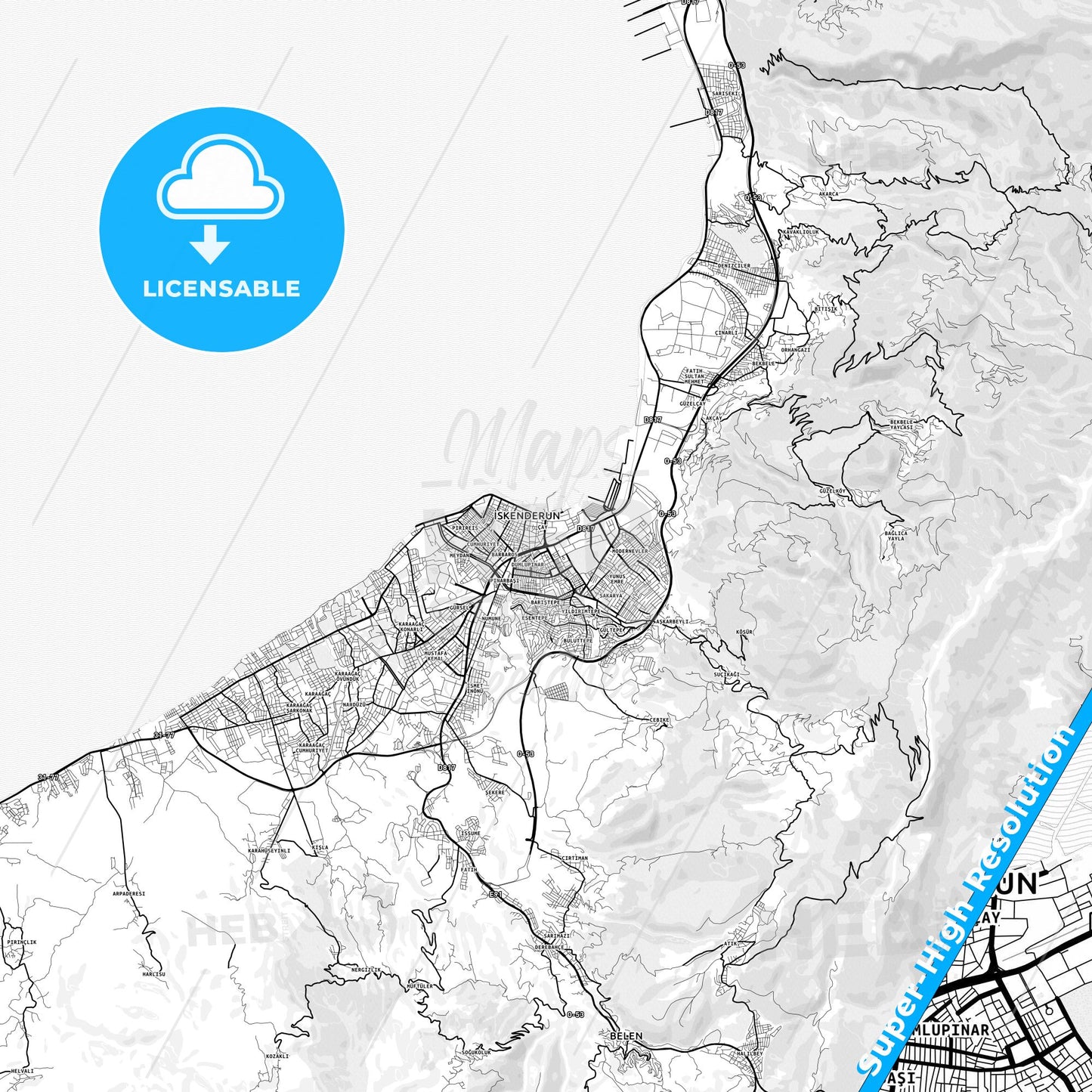 İskenderun, Turkey light map with streetnames, citynames and districts