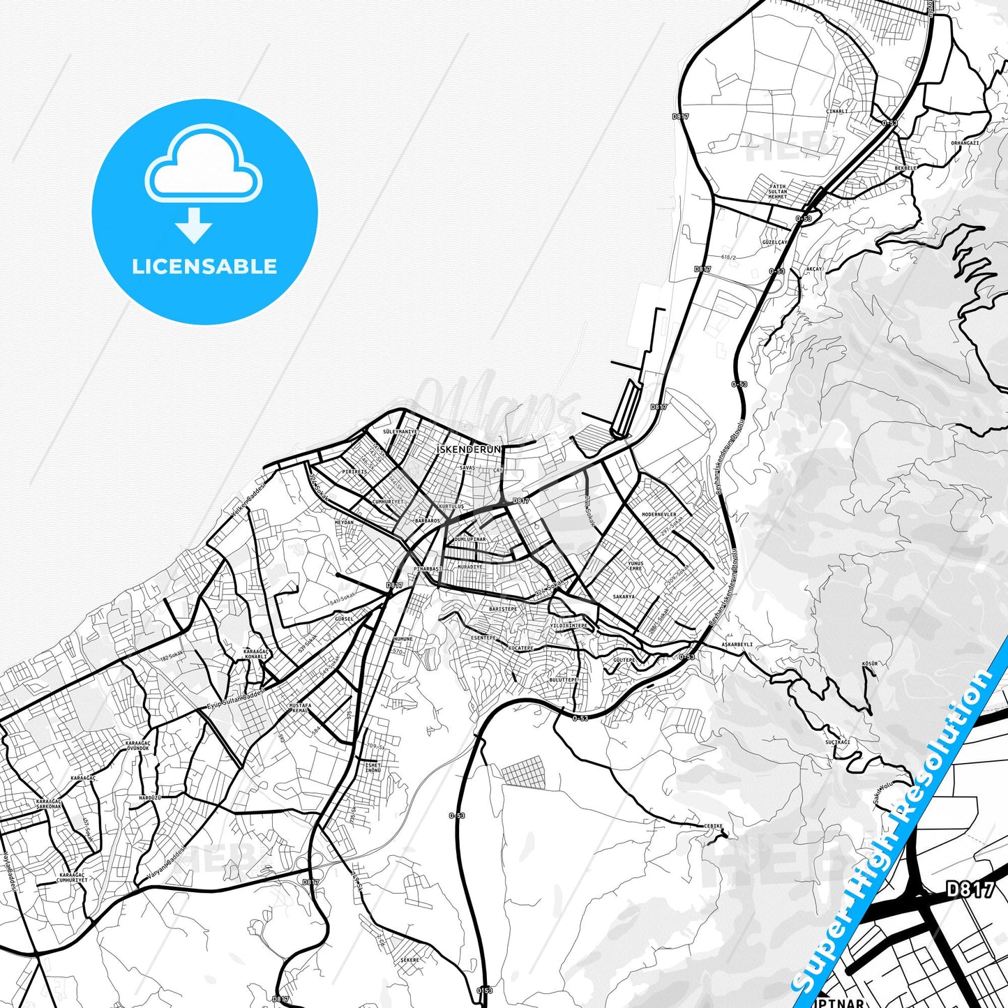 İskenderun, Turkey Light Map with Street Names, City Names, and Districts