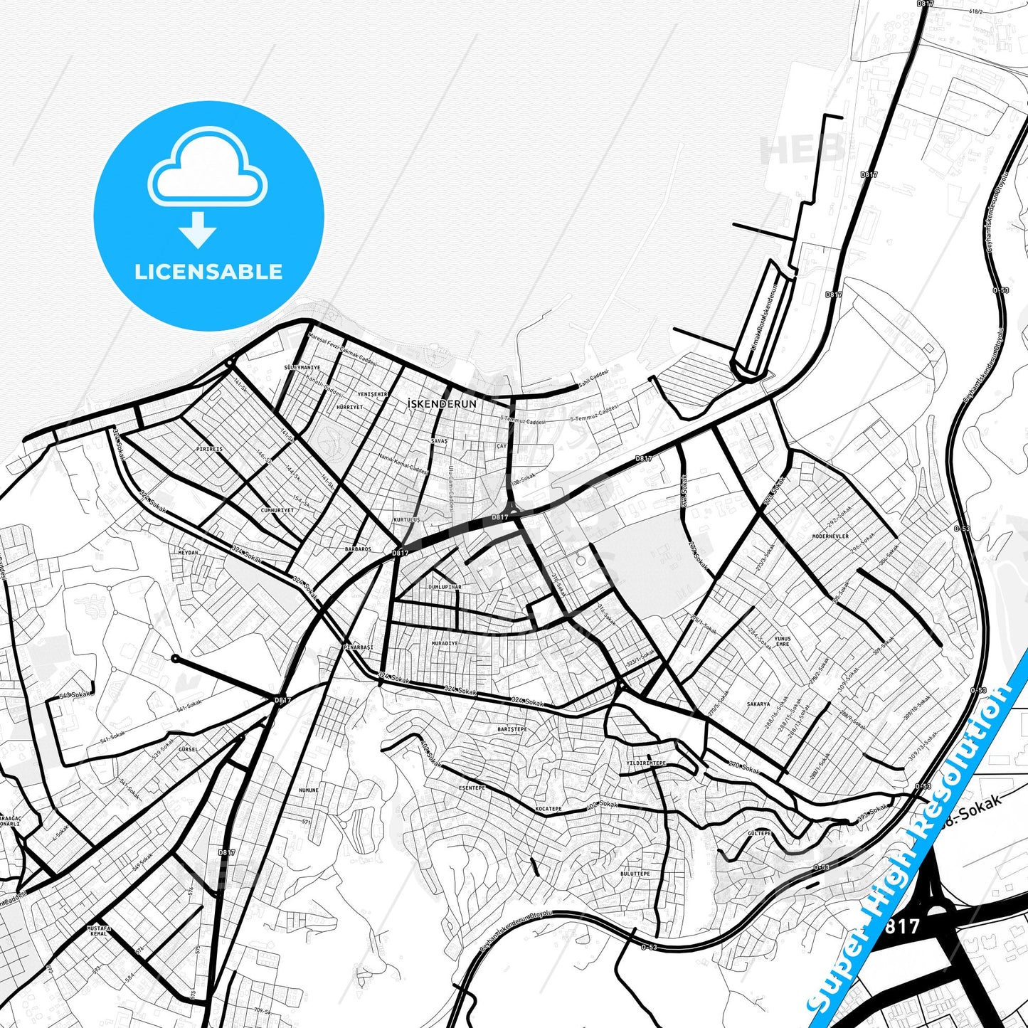 İskenderun, Turkey Light Map with Street Names, City Names, and Districts