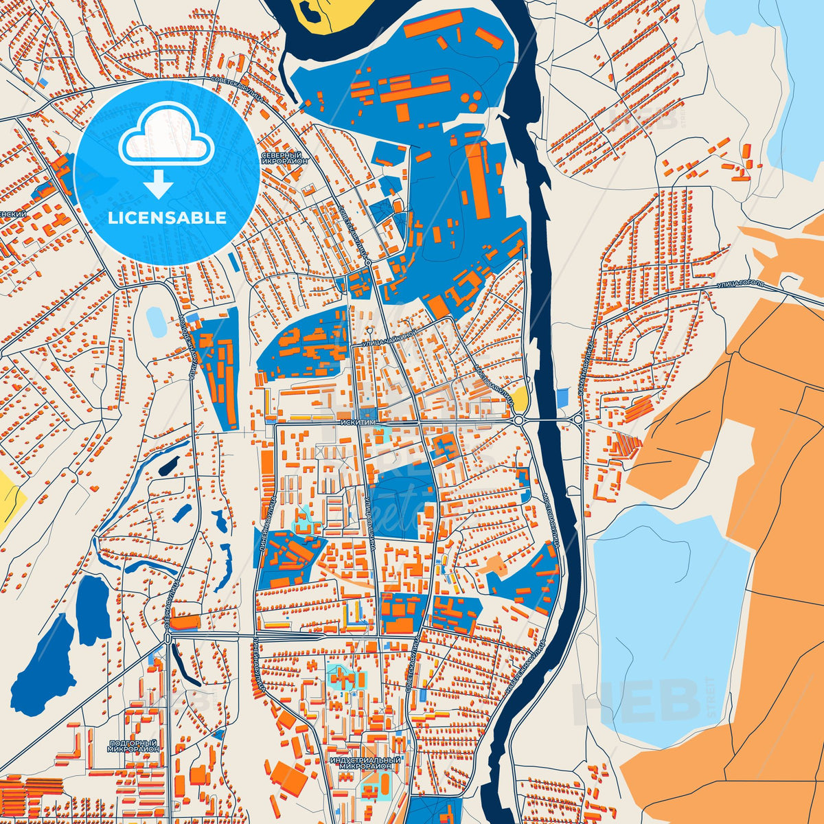 Colorful Iskitim Street Map with Labels and Buildings