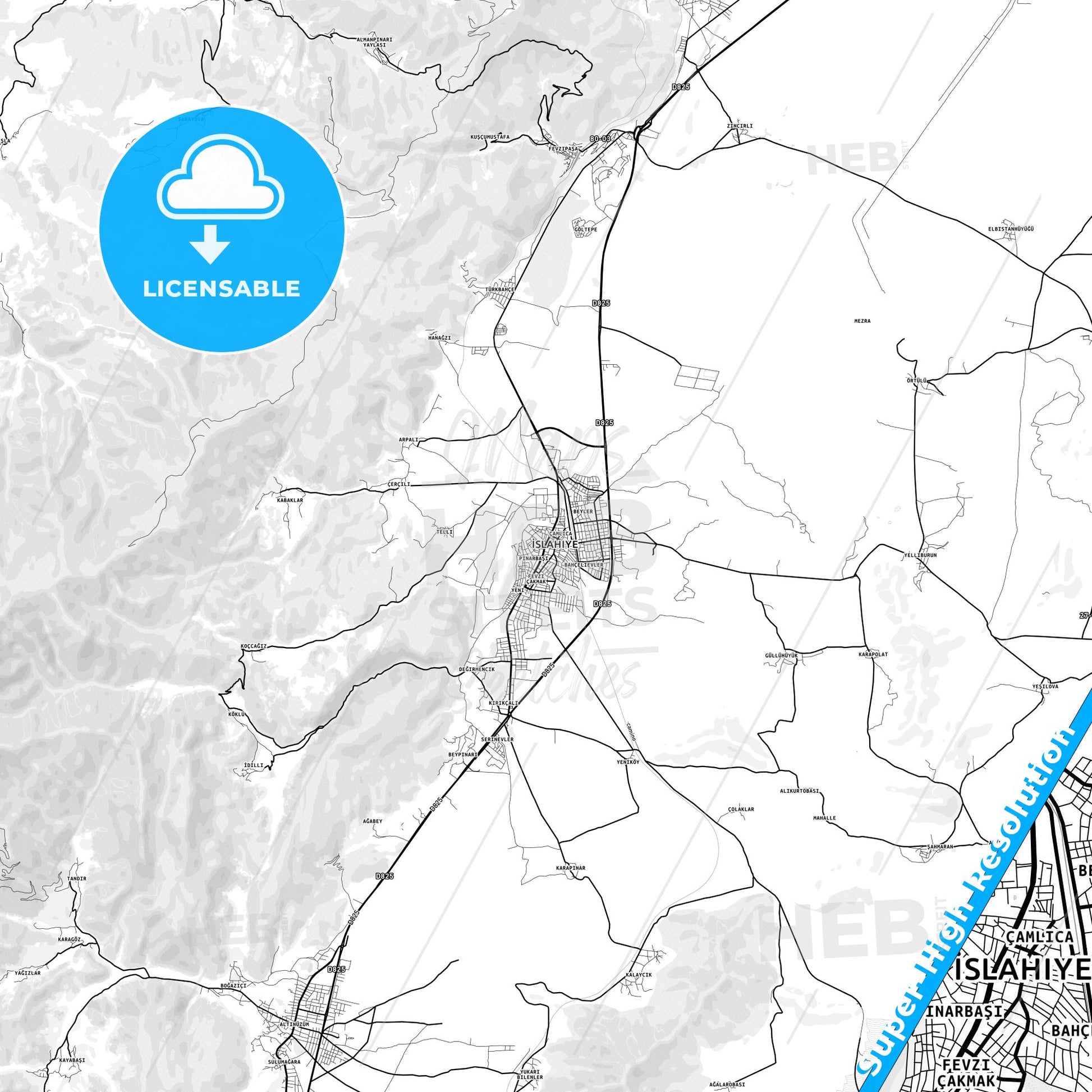 İslahiye, Turkey light map with streetnames, citynames and districts