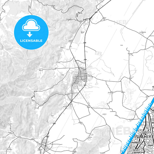 İslahiye, Turkey light map with streetnames, citynames and districts