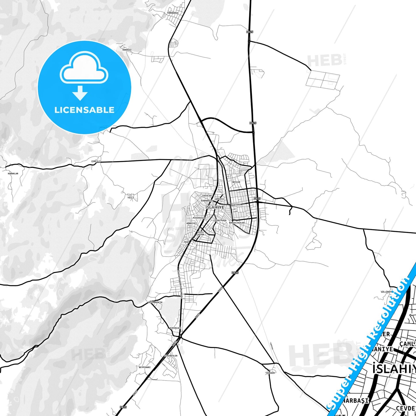 İslahiye, Turkey Light Map with Street Names, City Names, and Districts