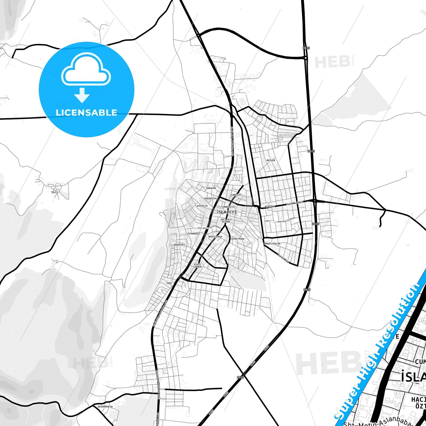 İslahiye, Turkey Light Map with Street Names, City Names, and Districts