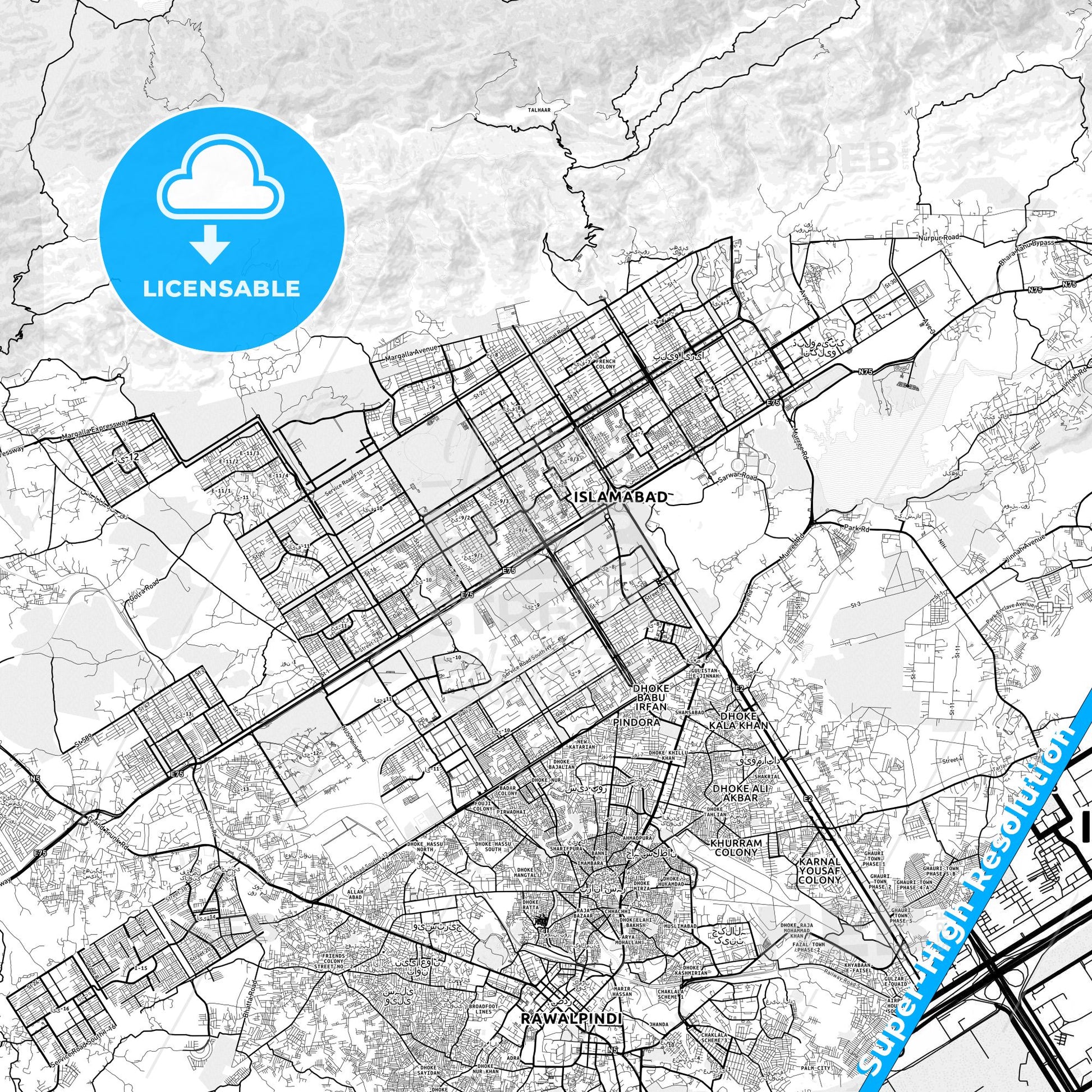 Islamabad, Pakistan light map with streetnames, citynames and districts