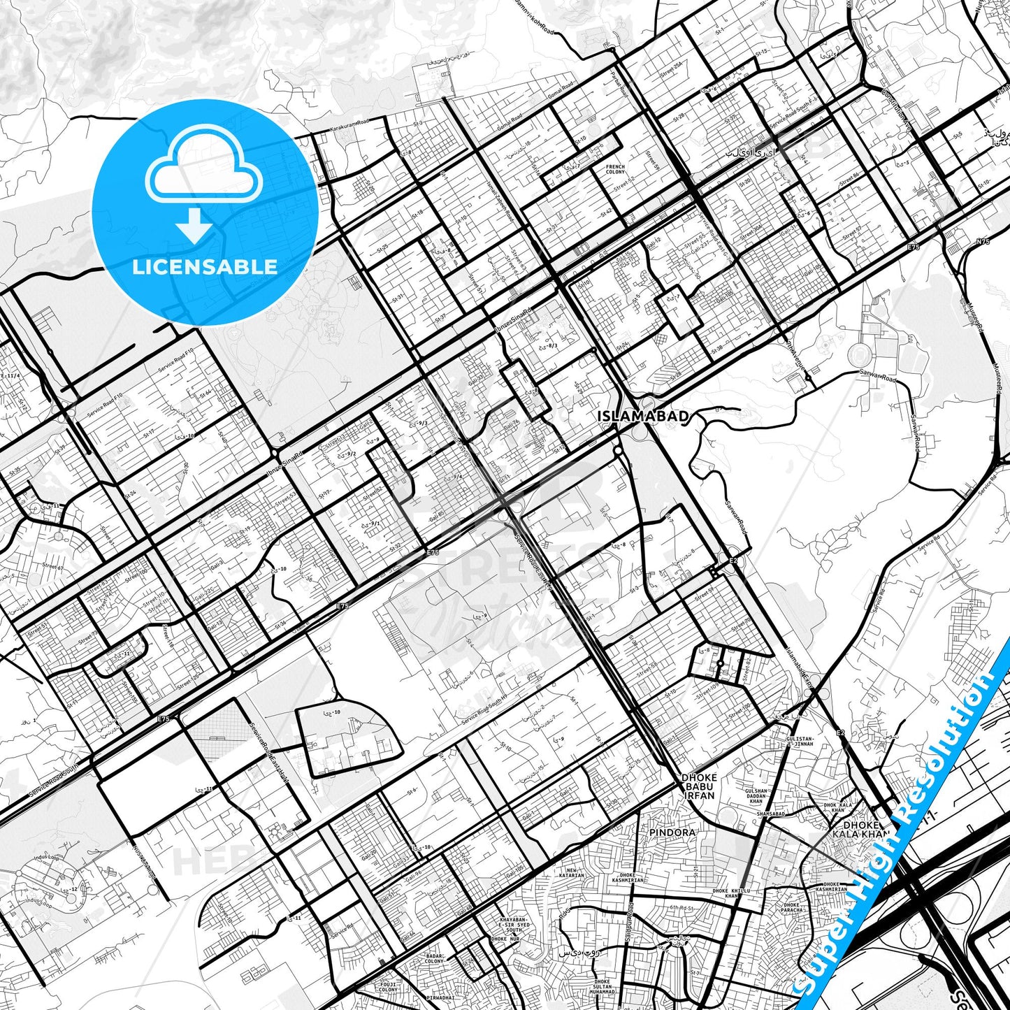 Islamabad, Pakistan Light Map with Street Names, City Names, and Districts