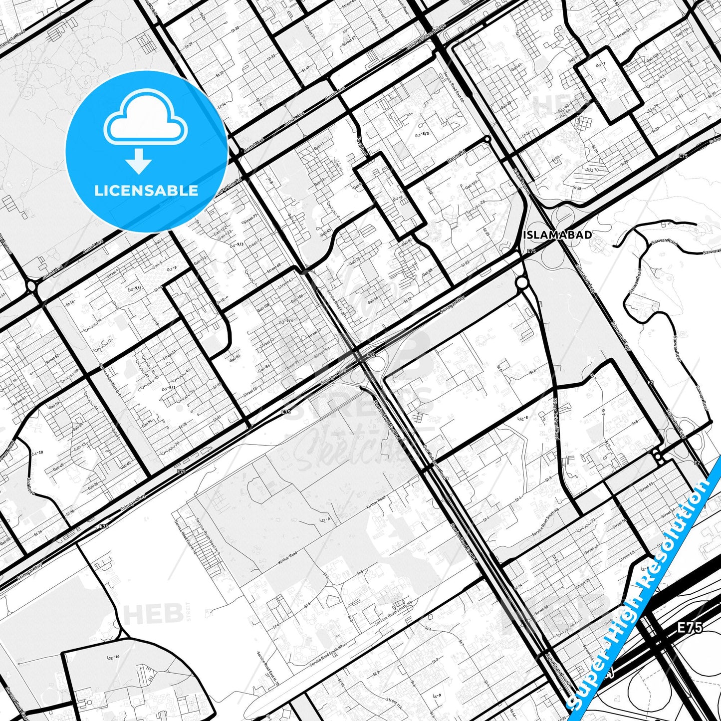 Islamabad, Pakistan Light Map with Street Names, City Names, and Districts