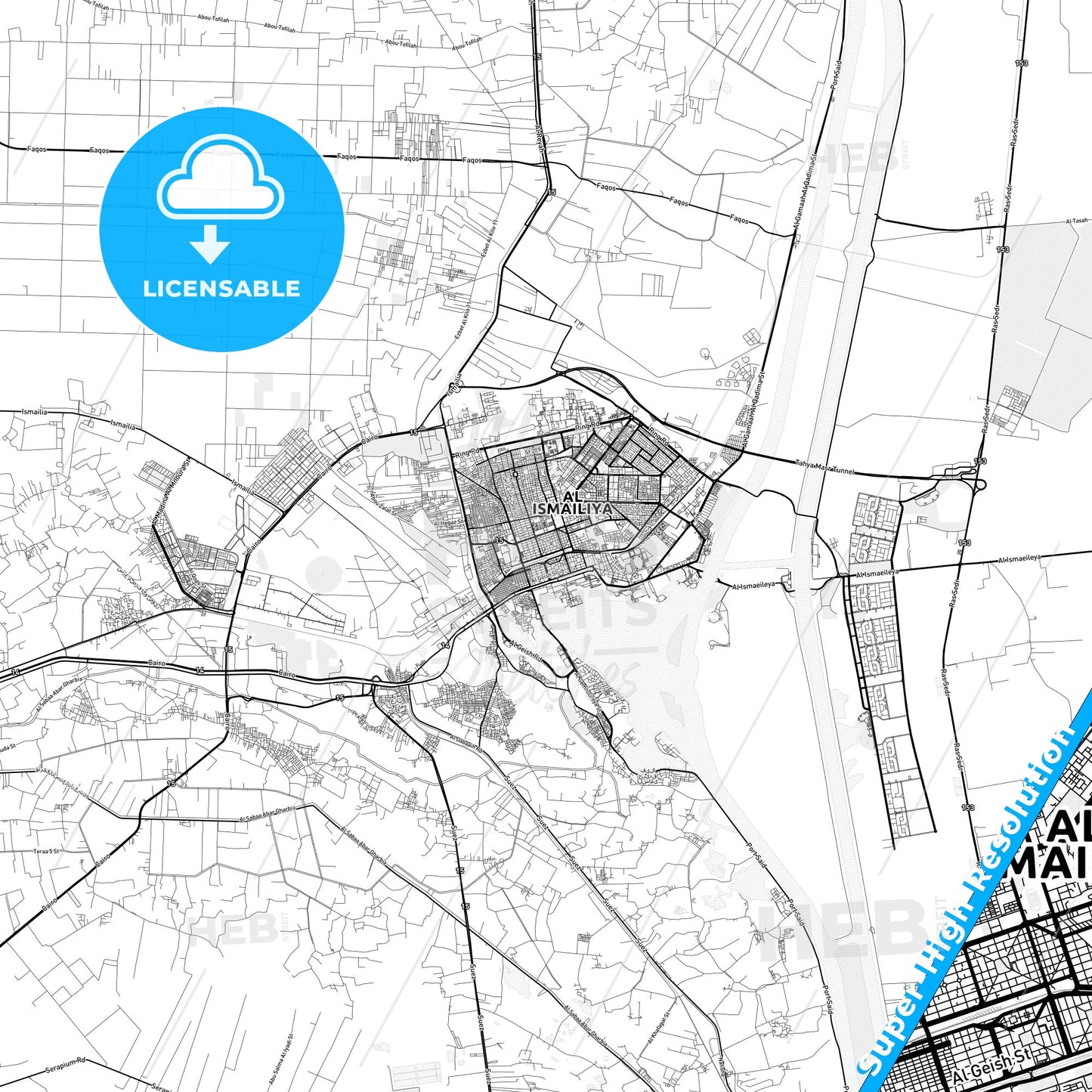 Ismailia, Egypt light map with streetnames, citynames and districts