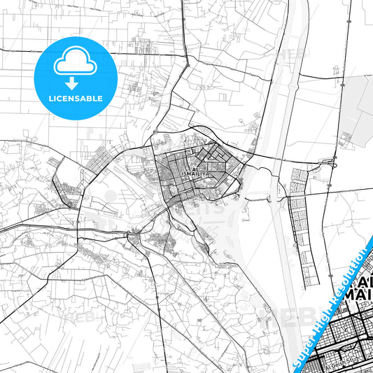 Ismailia, Egypt light map with streetnames, citynames and districts