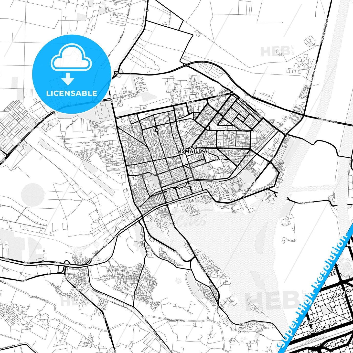 Ismailia, Egypt Light Map with Street Names, City Names, and Districts