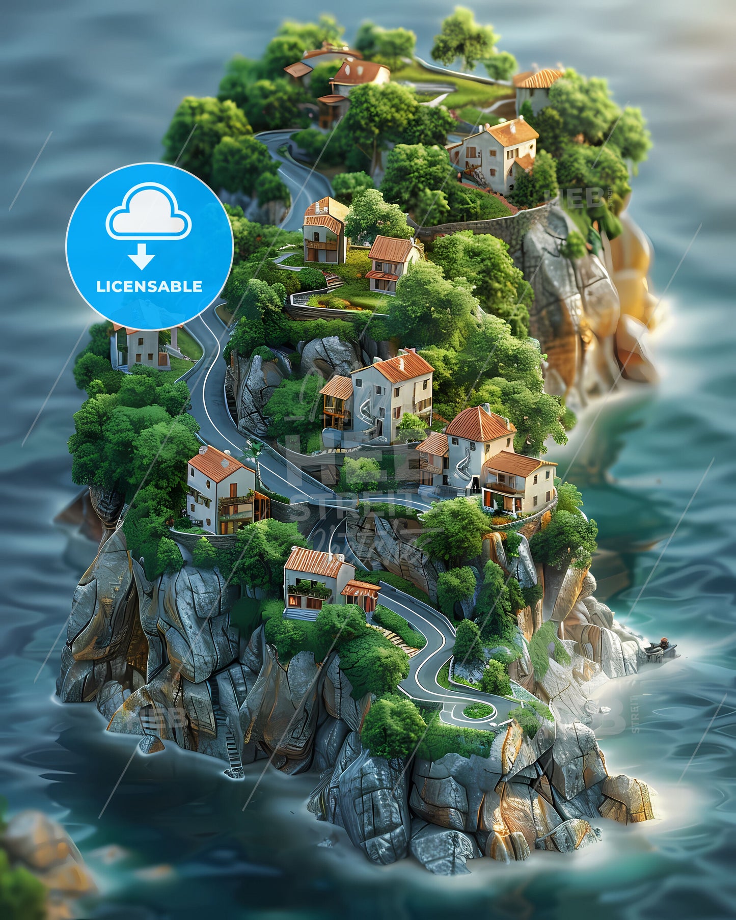 Isometric art - vibrant island map painting - houses trees nature landscape