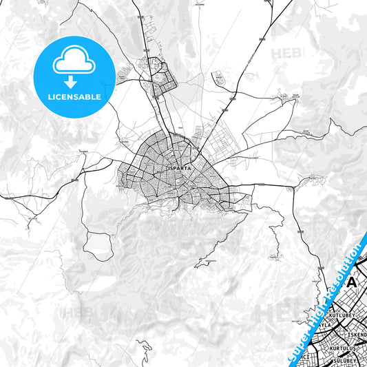 Isparta, Turkey light map with streetnames, citynames and districts
