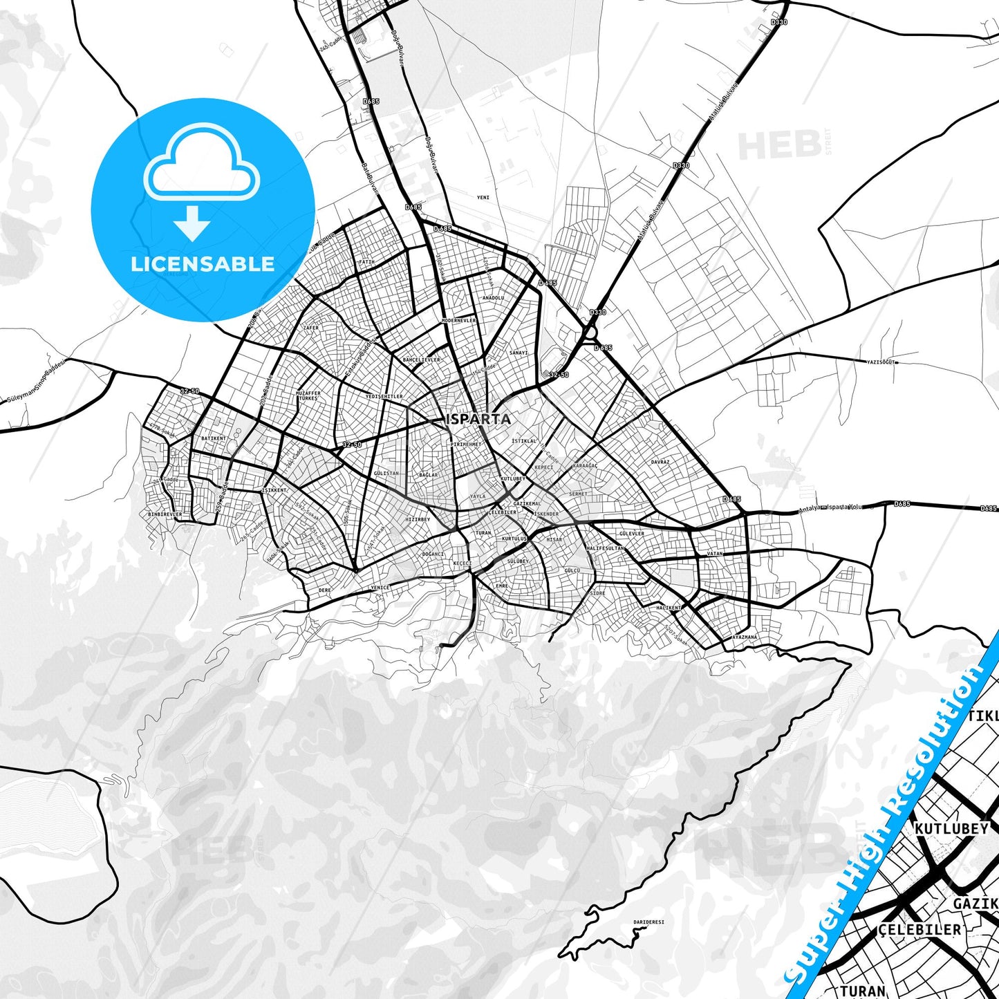 Isparta, Turkey Light Map with Street Names, City Names, and Districts