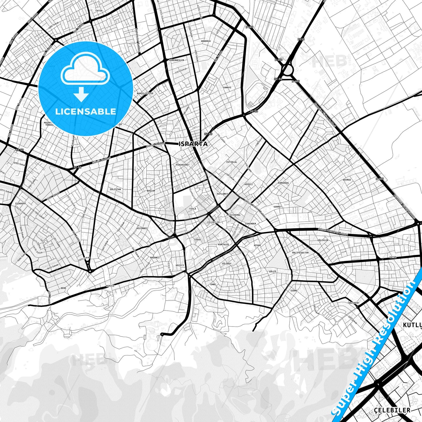 Isparta, Turkey Light Map with Street Names, City Names, and Districts