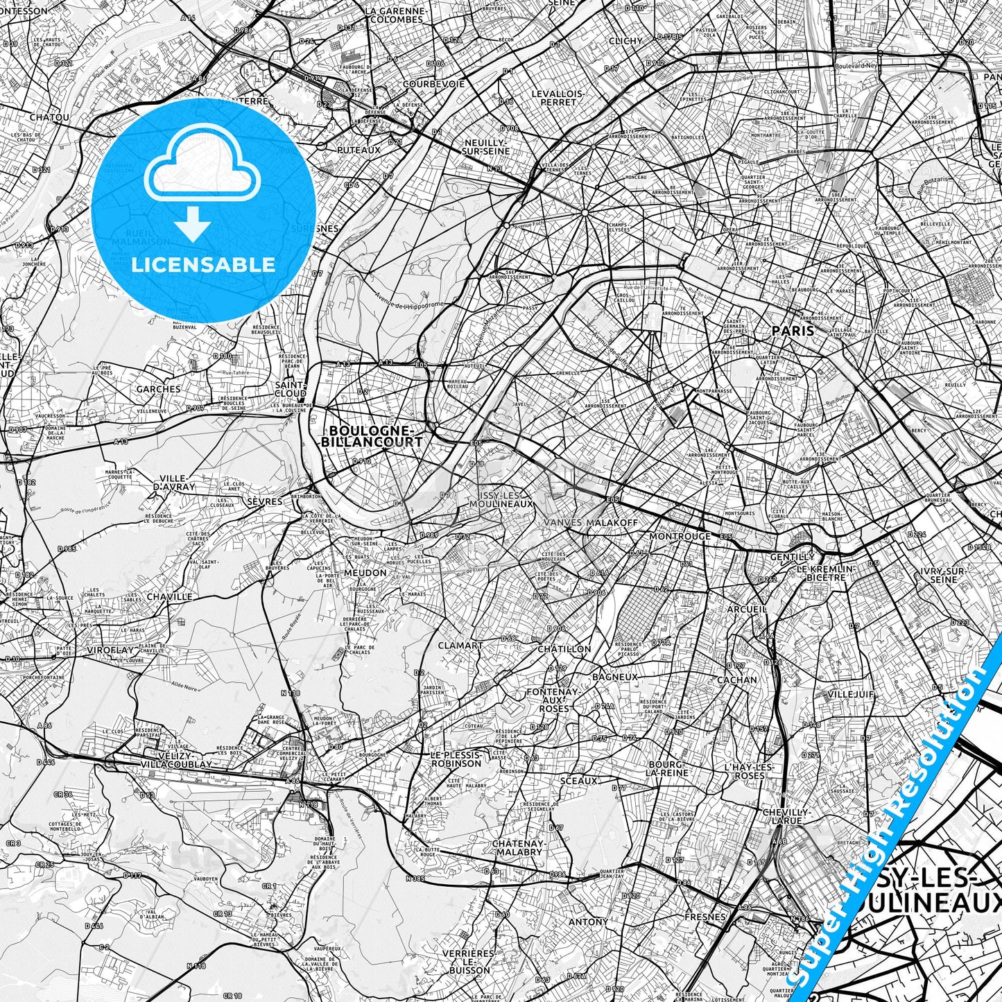 Issy-les-Moulineaux, France light map with streetnames, citynames and districts