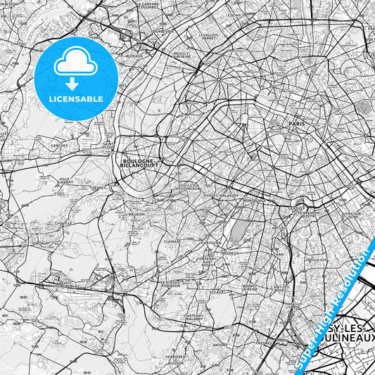 Issy-les-Moulineaux, France light map with streetnames, citynames and districts