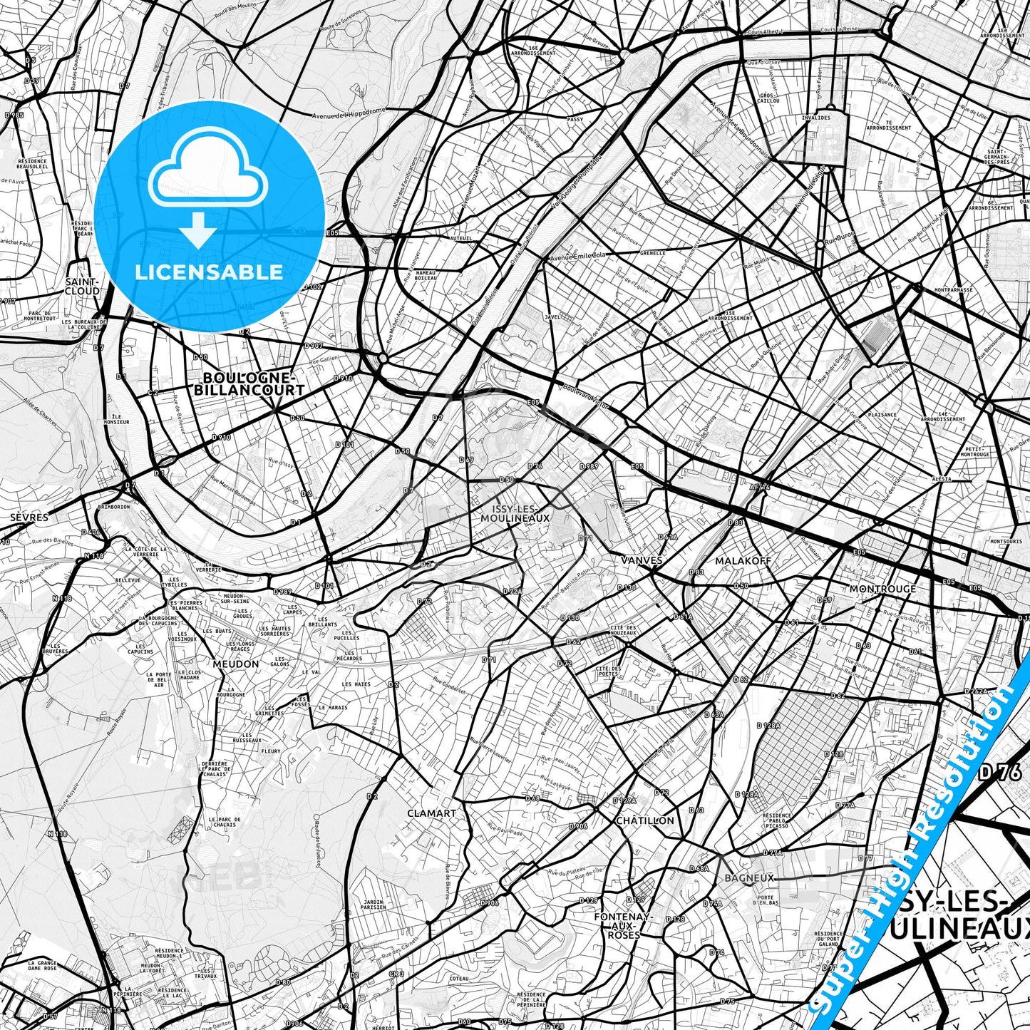 Issy-les-Moulineaux, France Light Map with Street Names, City Names, and Districts