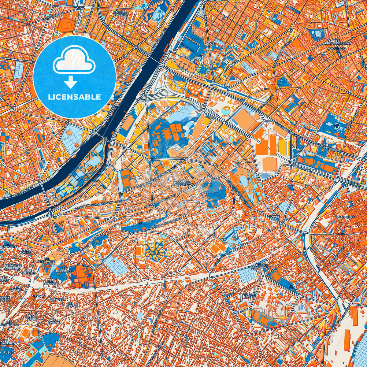 Colorful Issy-les-Moulineaux Street Map with Labels and Buildings