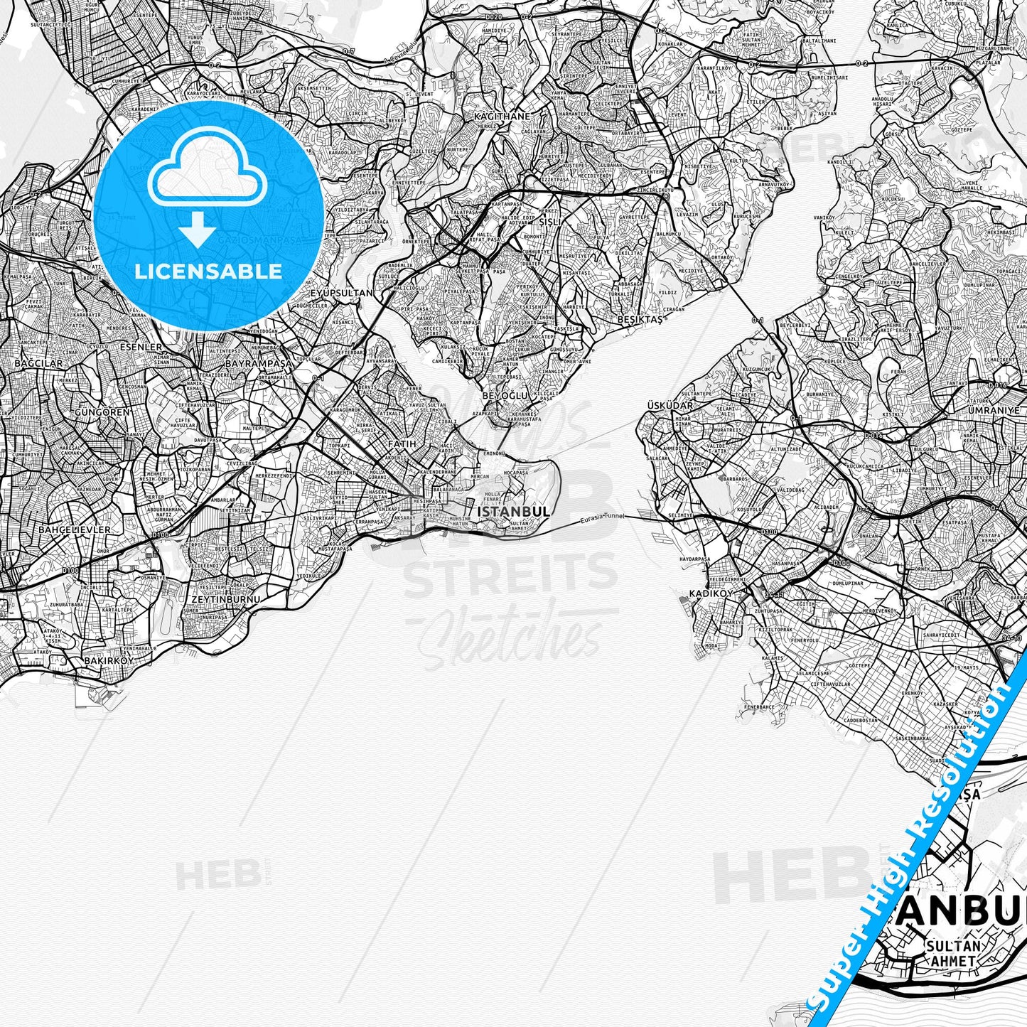 Istanbul, Turkey light map with streetnames, citynames and districts