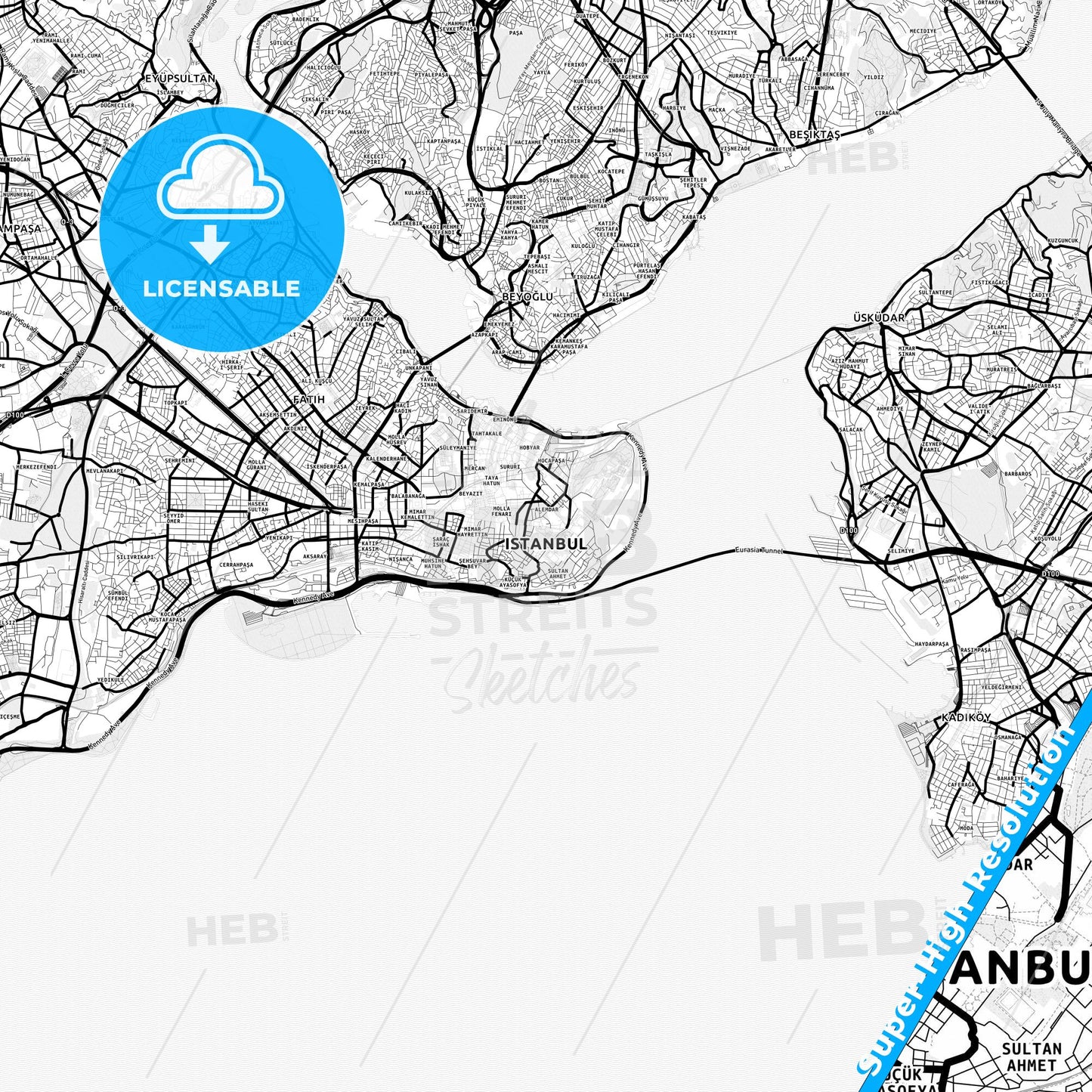 Istanbul, Turkey Light Map with Street Names, City Names, and Districts
