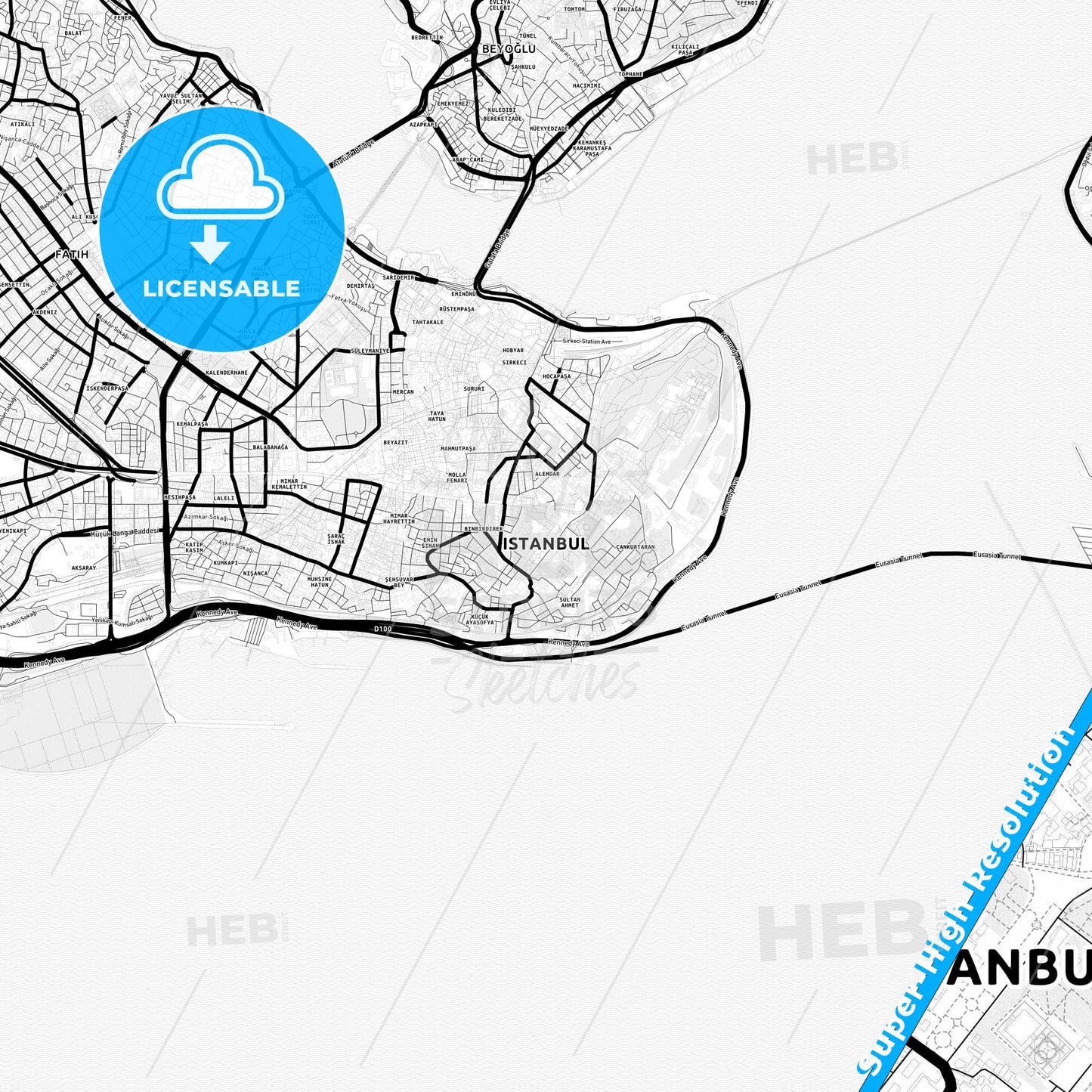 Istanbul, Turkey Light Map with Street Names, City Names, and Districts