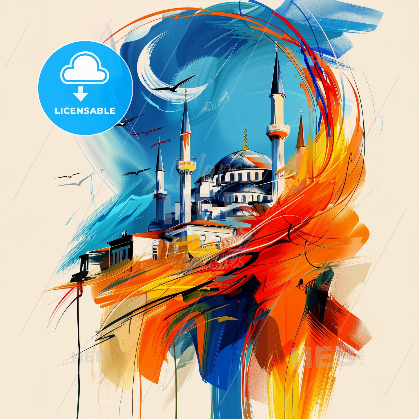 Vibrant İstanbul, Turkey - A Painting Of A Building With Towers And A Moon