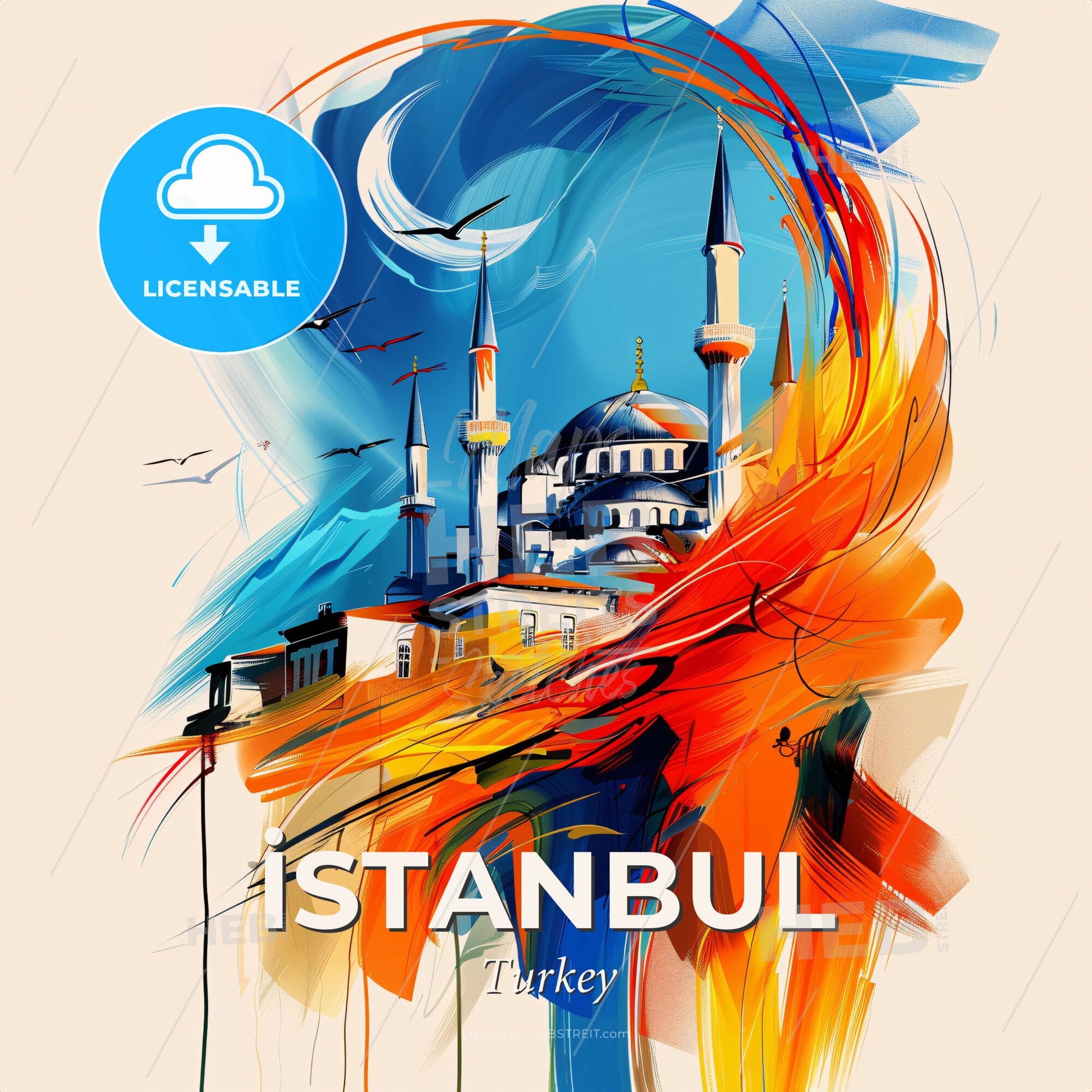 Vibrant İstanbul, Turkey - A Painting Of A Building With Towers And A Moon - Square format print template