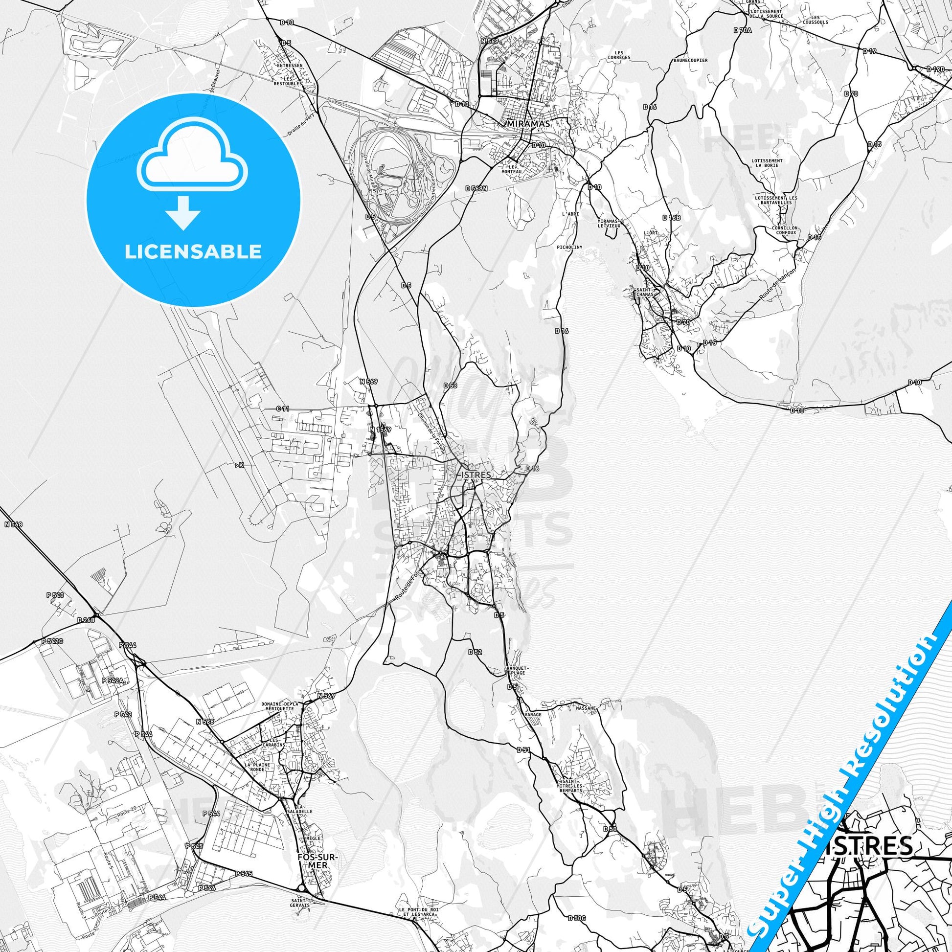 Istres, France light map with streetnames, citynames and districts