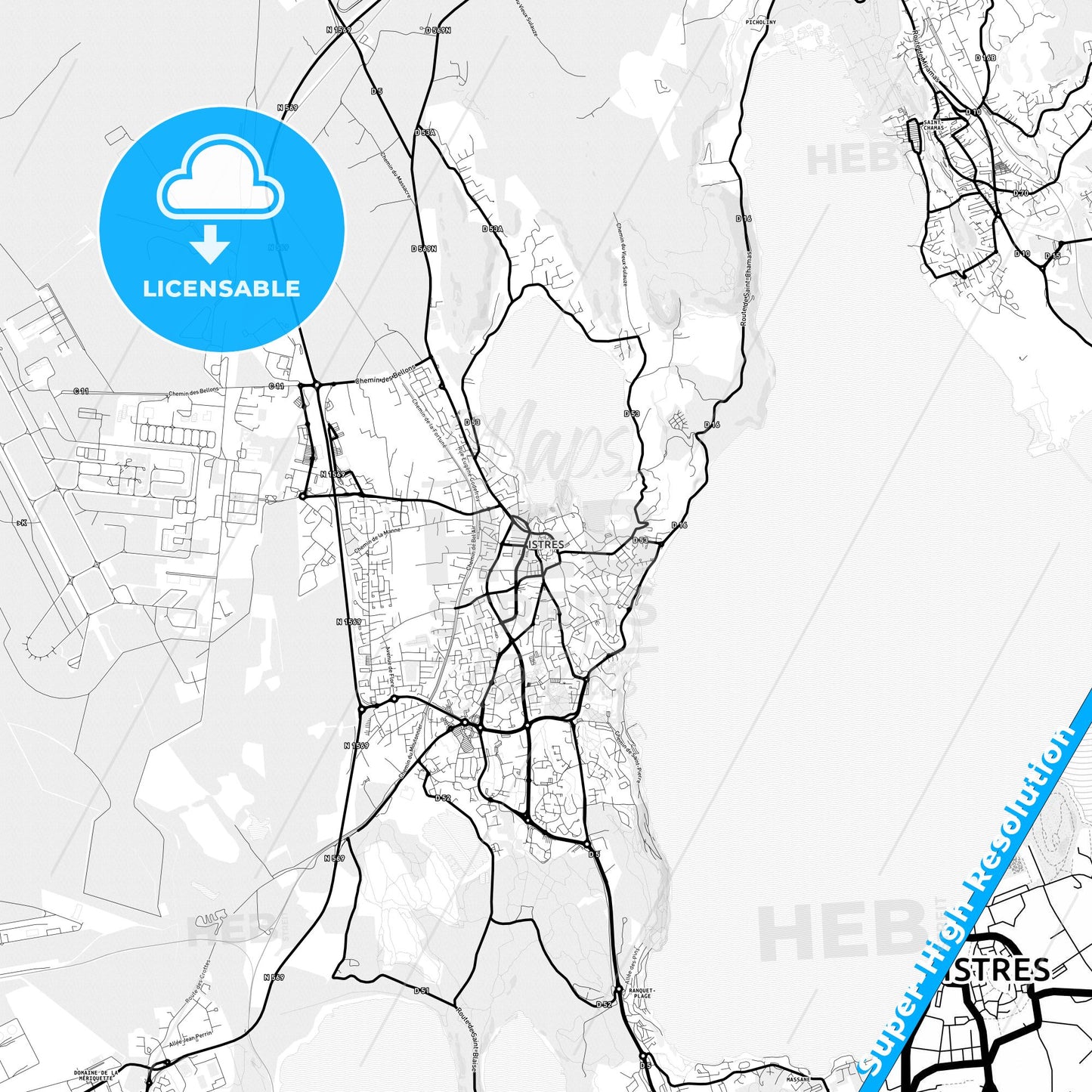 Istres, France Light Map with Street Names, City Names, and Districts