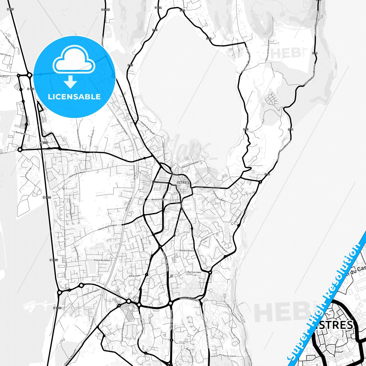 Istres, France Light Map with Street Names, City Names, and Districts