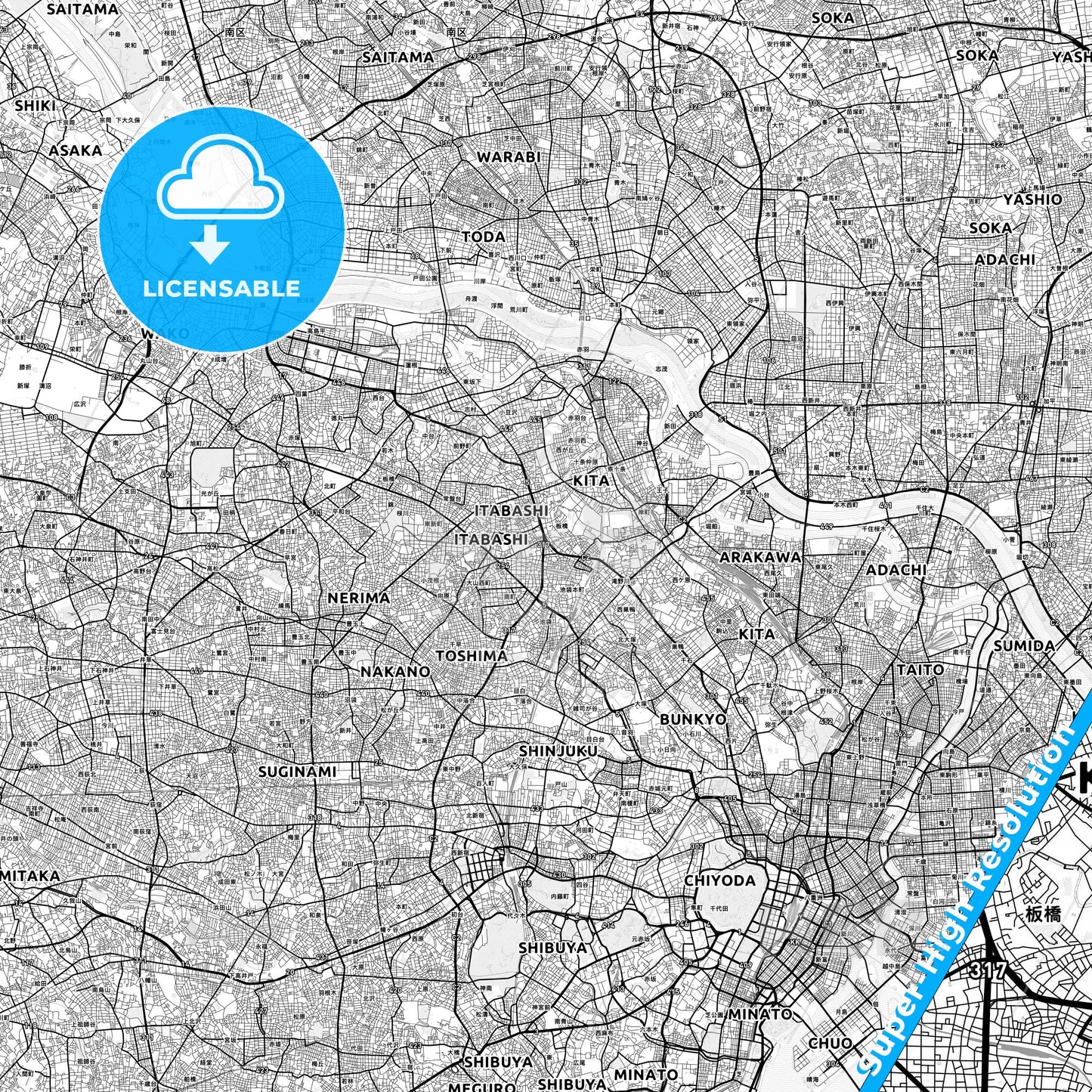 Itabashi, Japan light map with streetnames, citynames and districts