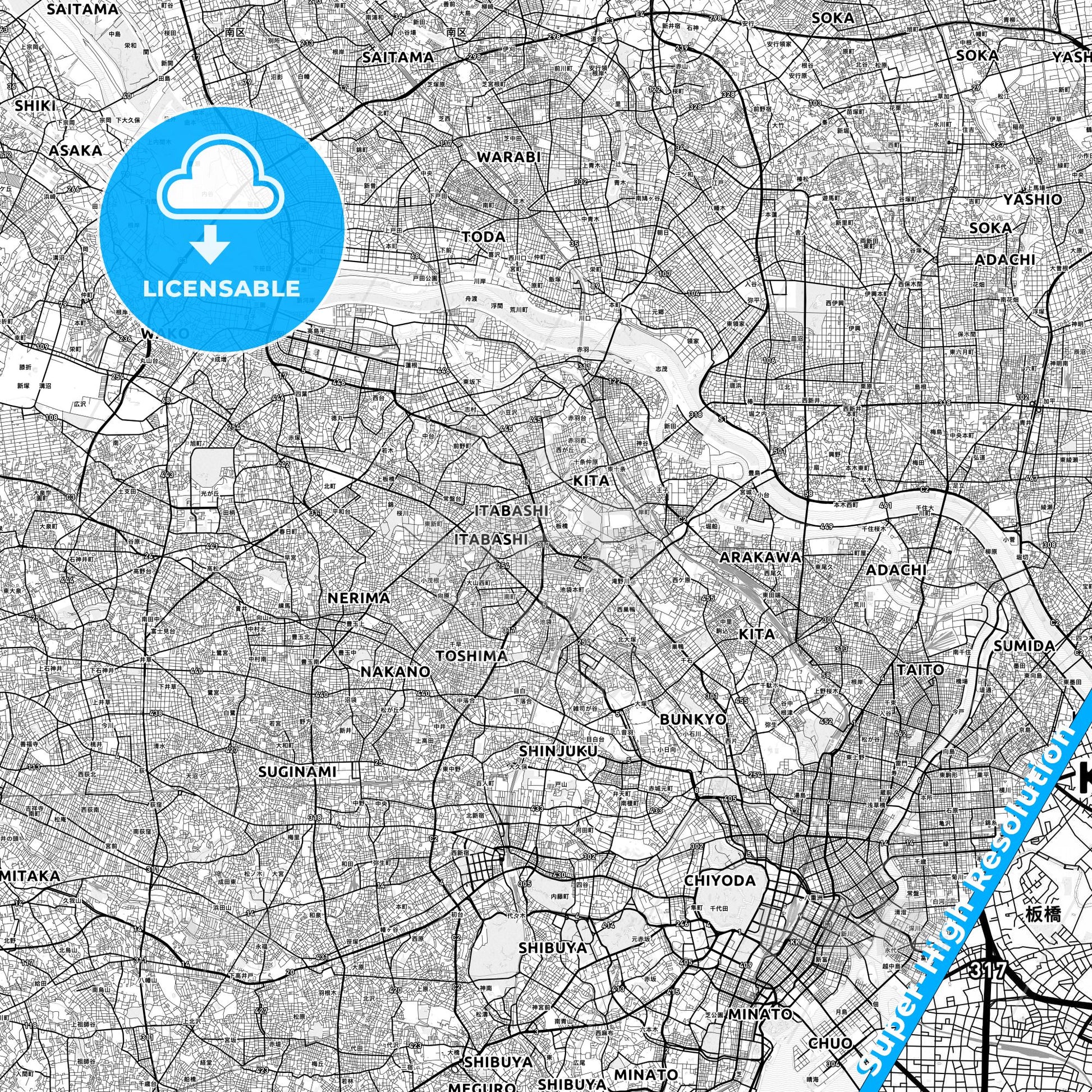 Itabashi, Japan light map with streetnames, citynames and districts