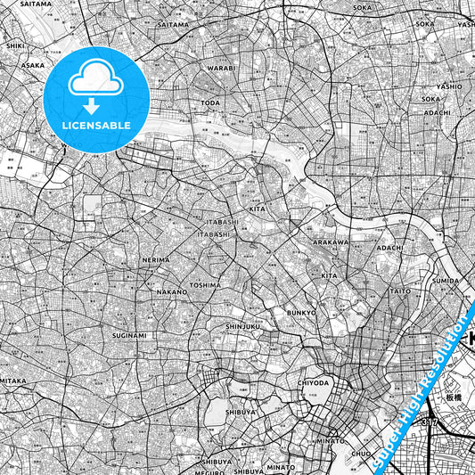 Itabashi, Japan light map with streetnames, citynames and districts