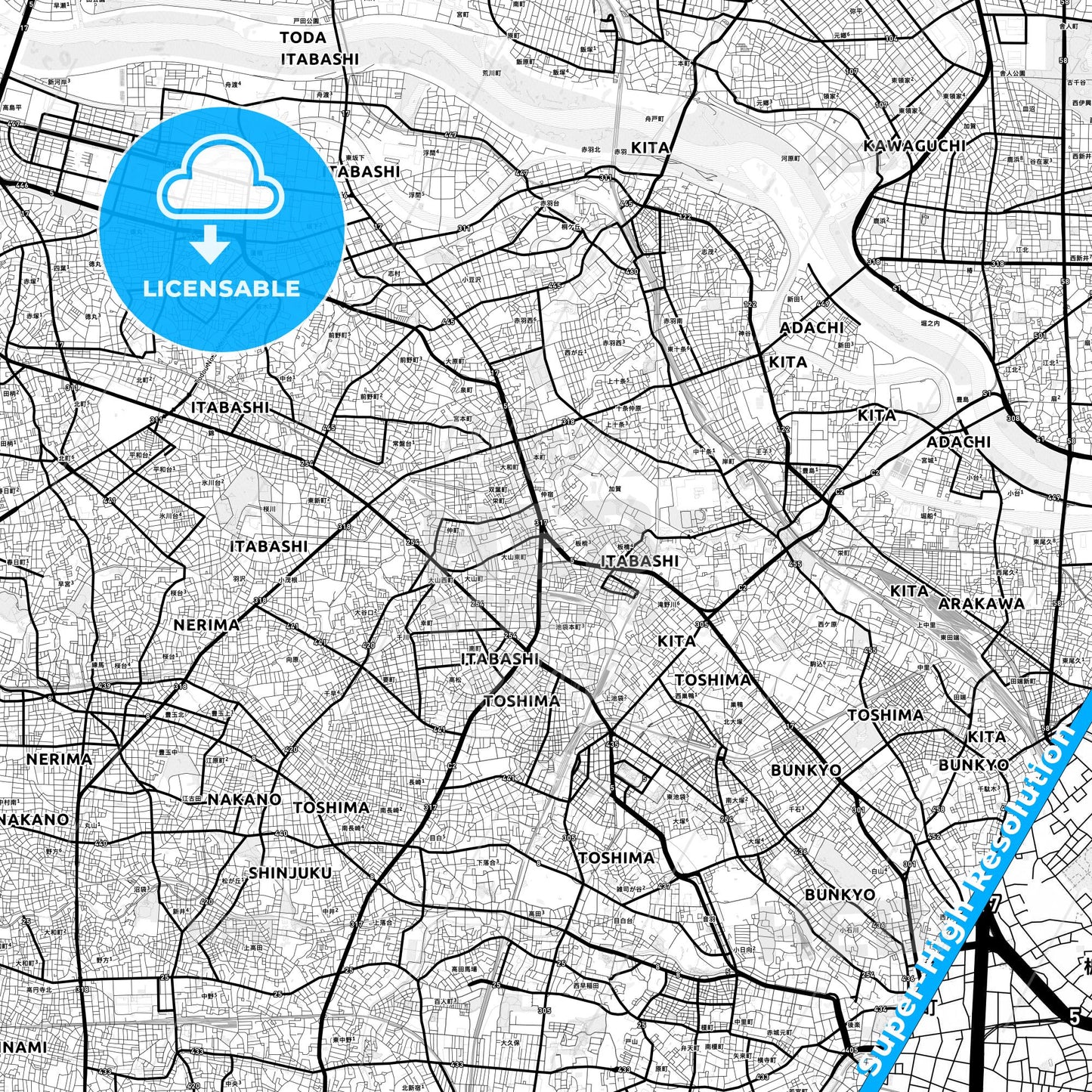 Itabashi, Japan Light Map with Street Names, City Names, and Districts